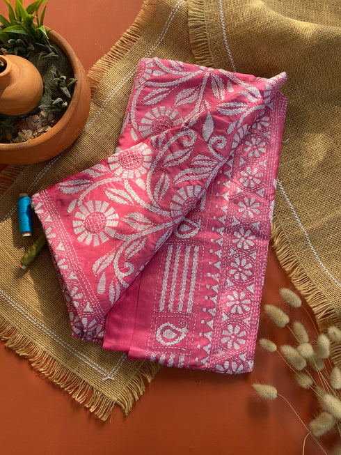 Blush Pink Floral Kantha Silk Saree from Bengal